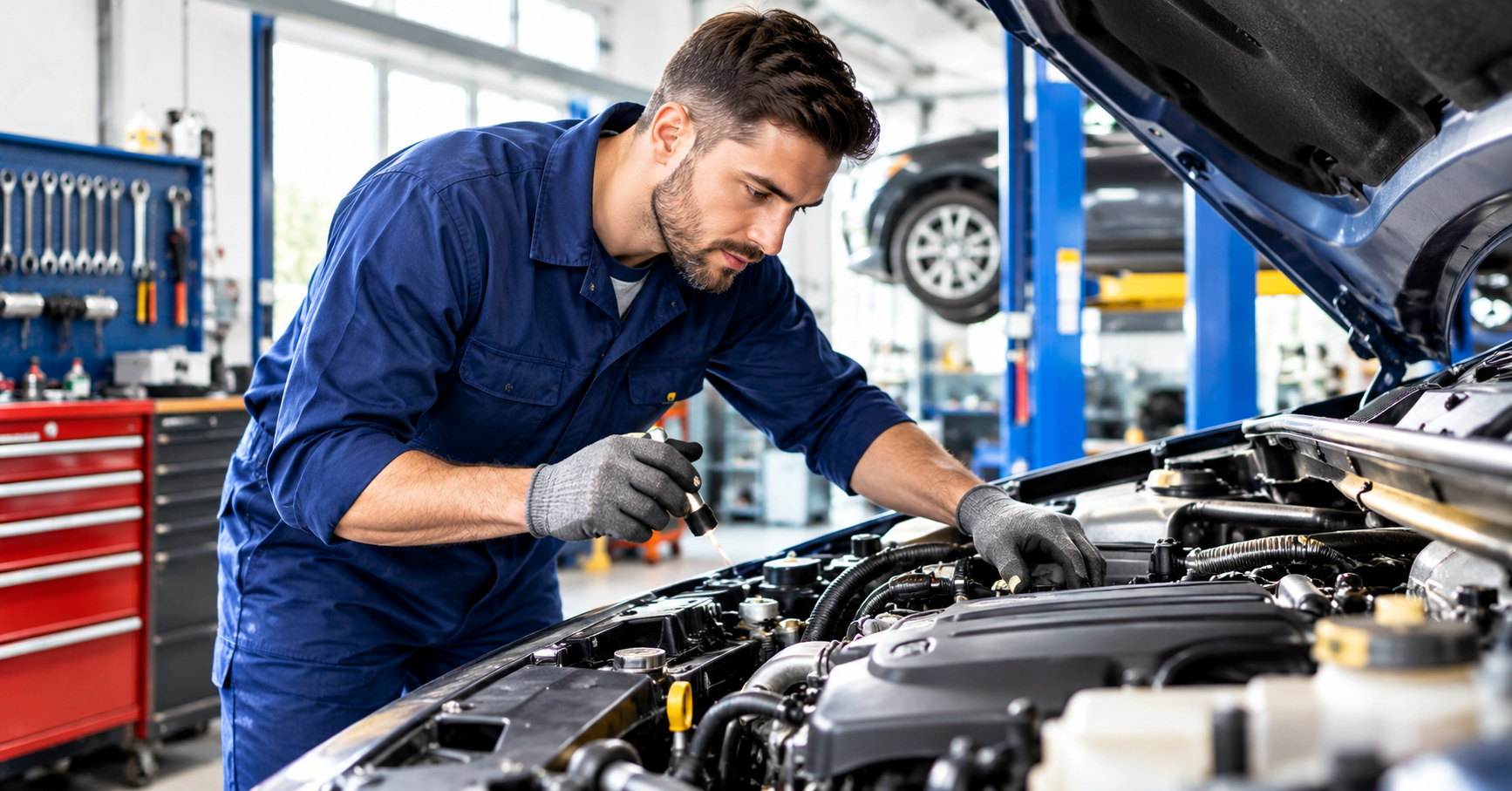 Automotive technician inspecting a vehicle at an auto repair shop in Clintonville, Ohio.